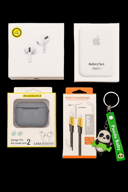 5-in-1 Ultimate Tech Combo Pack – Air Pro 2, 4-in-1 Fast Charging Cable, MagSafe Power Bank, Protective Silicone Case for Air, and Stylish Keychain