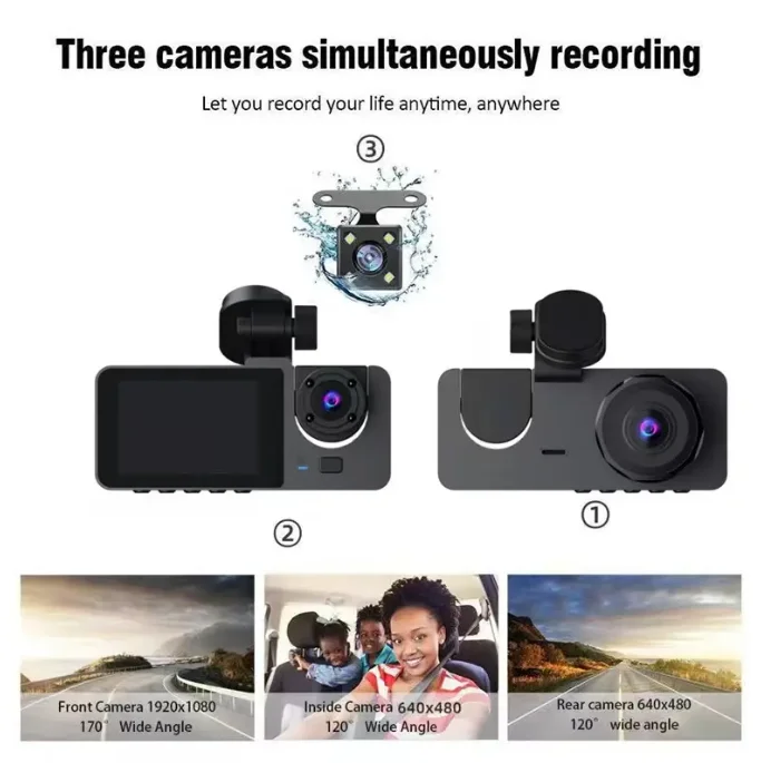 Y15 3 Lens 1080P Car Dash Cam DVR – Front, Rear and Interior Camera Recording