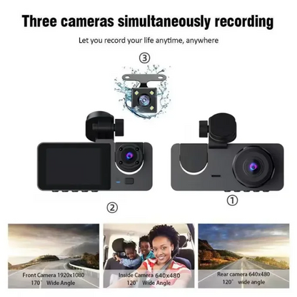 Y15 3 Lens 1080P Car Dash Cam DVR – Front, Rear and Interior Camera Recording