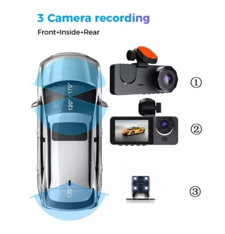 Y15 3 Lens 1080P Car Dash Cam DVR – Front, Rear and Interior Camera Recording