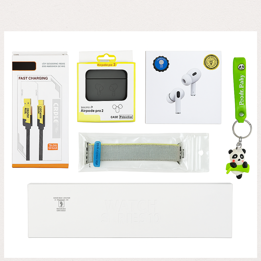 6-in-1 Premium Gadget Combo – Series 10 Watch, Air Pro 2, Premium Extra Strap, 4 in 1 Fast Charging Cable, Silicon Cover &  Styles Keychain