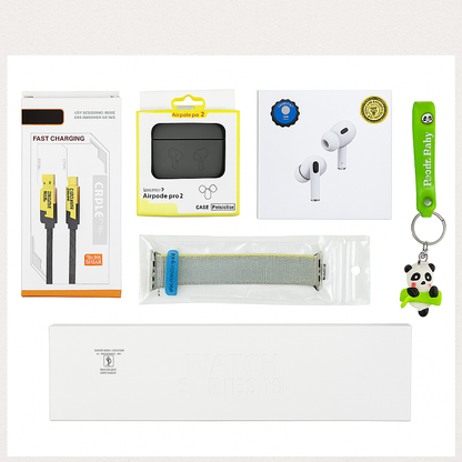 6-in-1 Premium Gadget Combo – Series 10 Watch, Air Pro 2, Premium Extra Strap, 4 in 1 Fast Charging Cable, Silicon Cover &  Styles Keychain